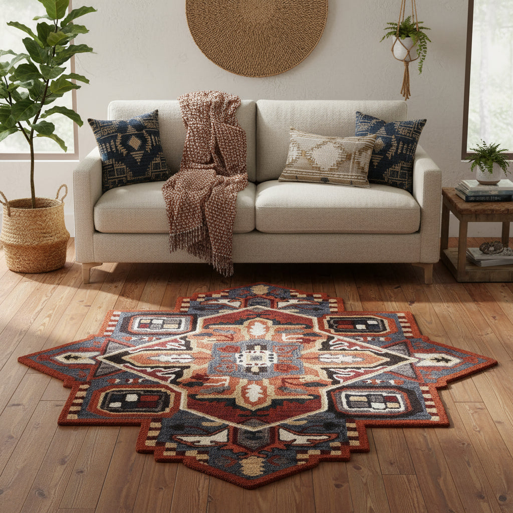5' X 5' Blue Rust And Orange Wool Medallion Hand Tufted Area Rug