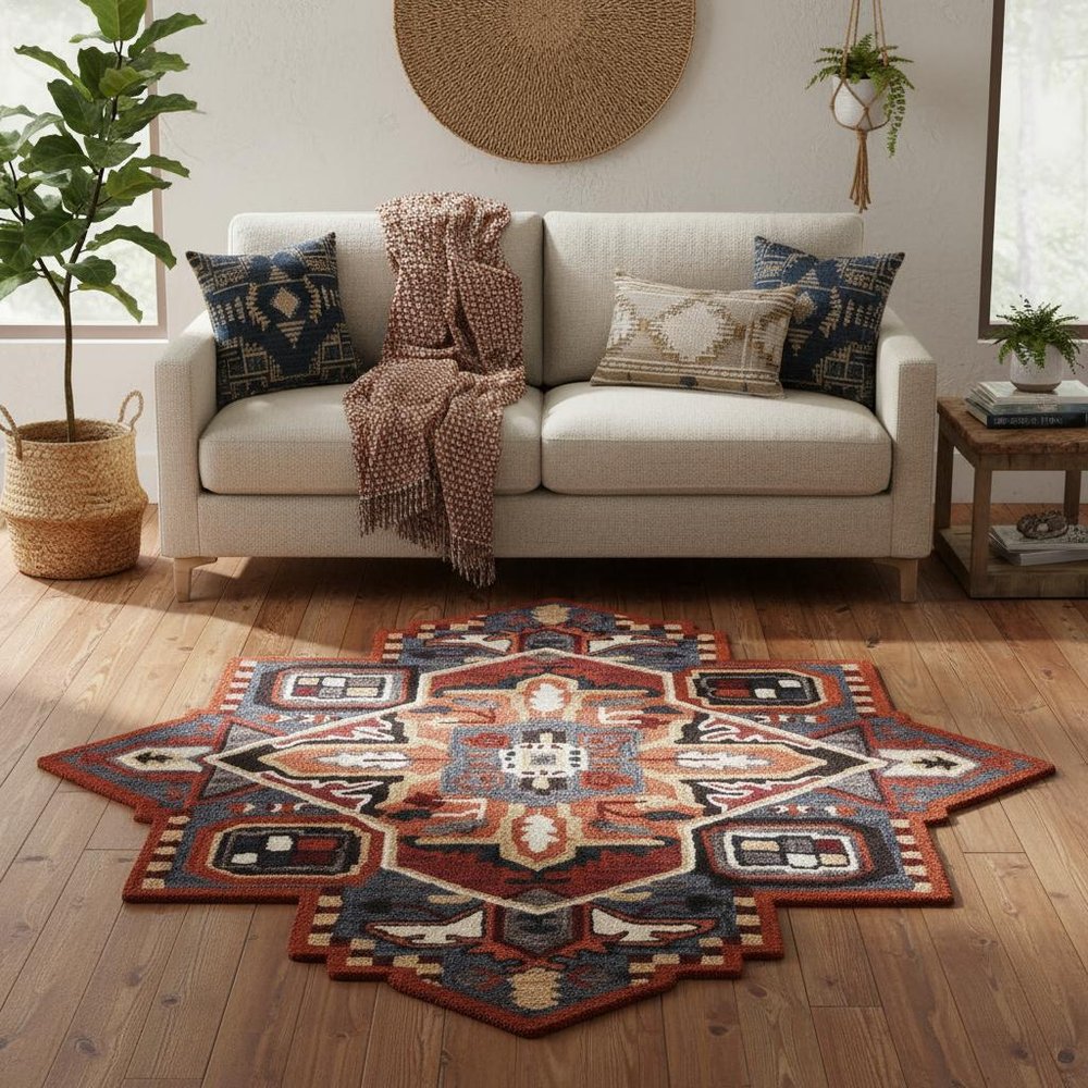 7' X 7' Blue And Red Wool Hand Tufted Area Rug