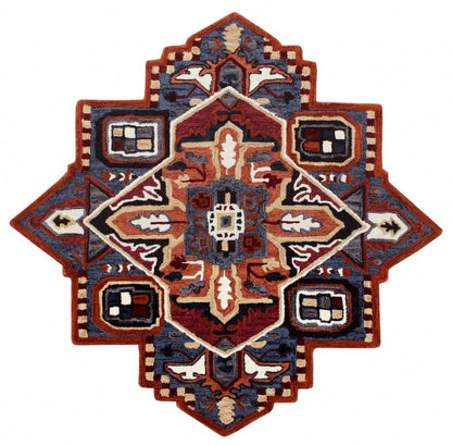 5' X 5' Blue Rust And Orange Wool Medallion Hand Tufted Area Rug