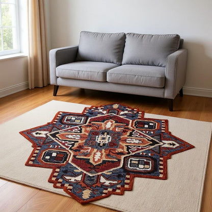 5' X 5' Blue Rust And Orange Wool Medallion Hand Tufted Area Rug