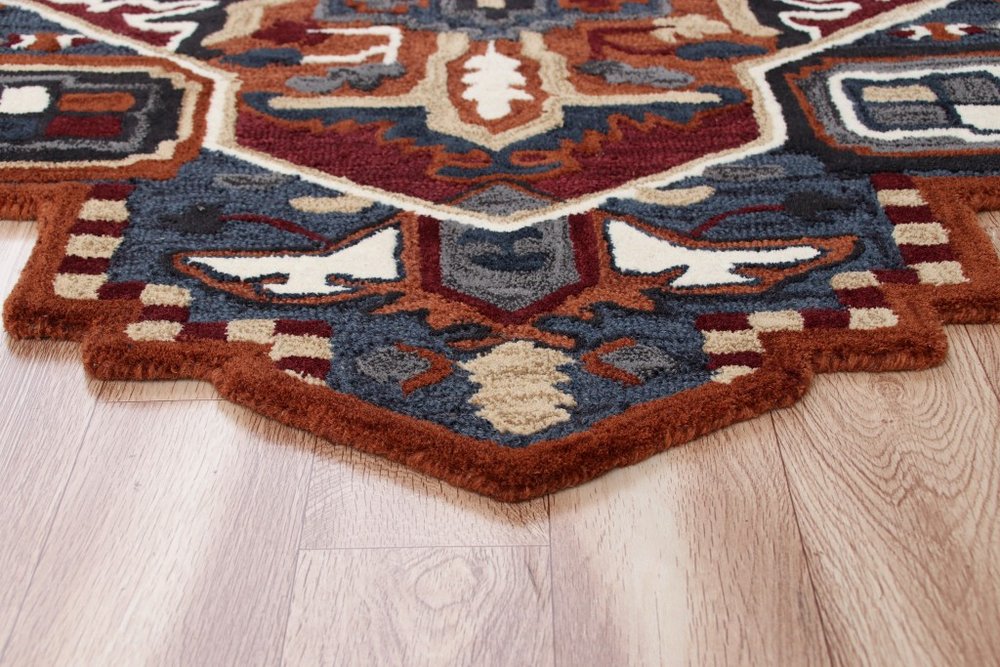 5' X 5' Blue Rust And Orange Wool Medallion Hand Tufted Area Rug