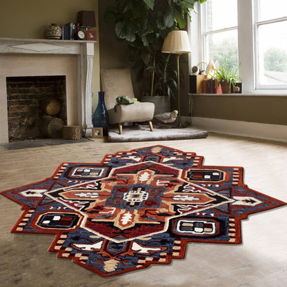 5' X 5' Blue Rust And Orange Wool Medallion Hand Tufted Area Rug