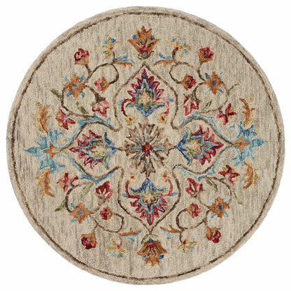 4' Round Beige Floral Medallion Area Rug