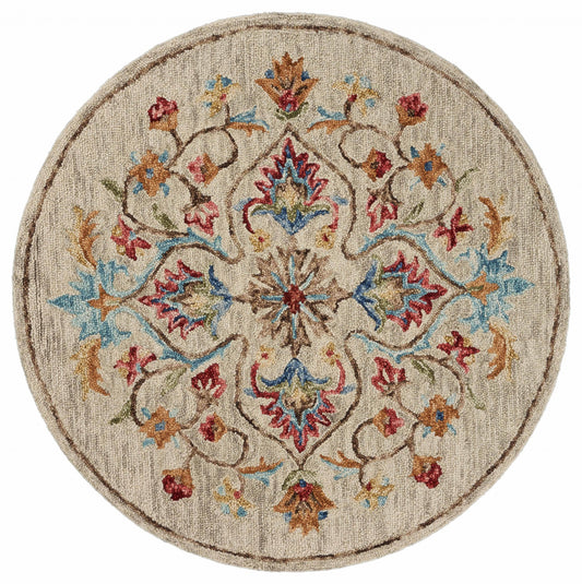 4' Round Beige Floral Medallion Area Rug