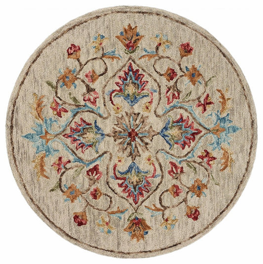 4' Round Beige Floral Medallion Area Rug