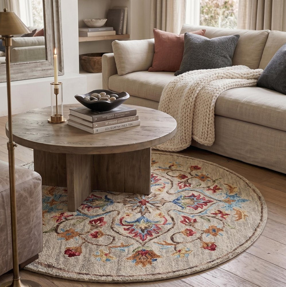 4' Round Beige Floral Medallion Area Rug