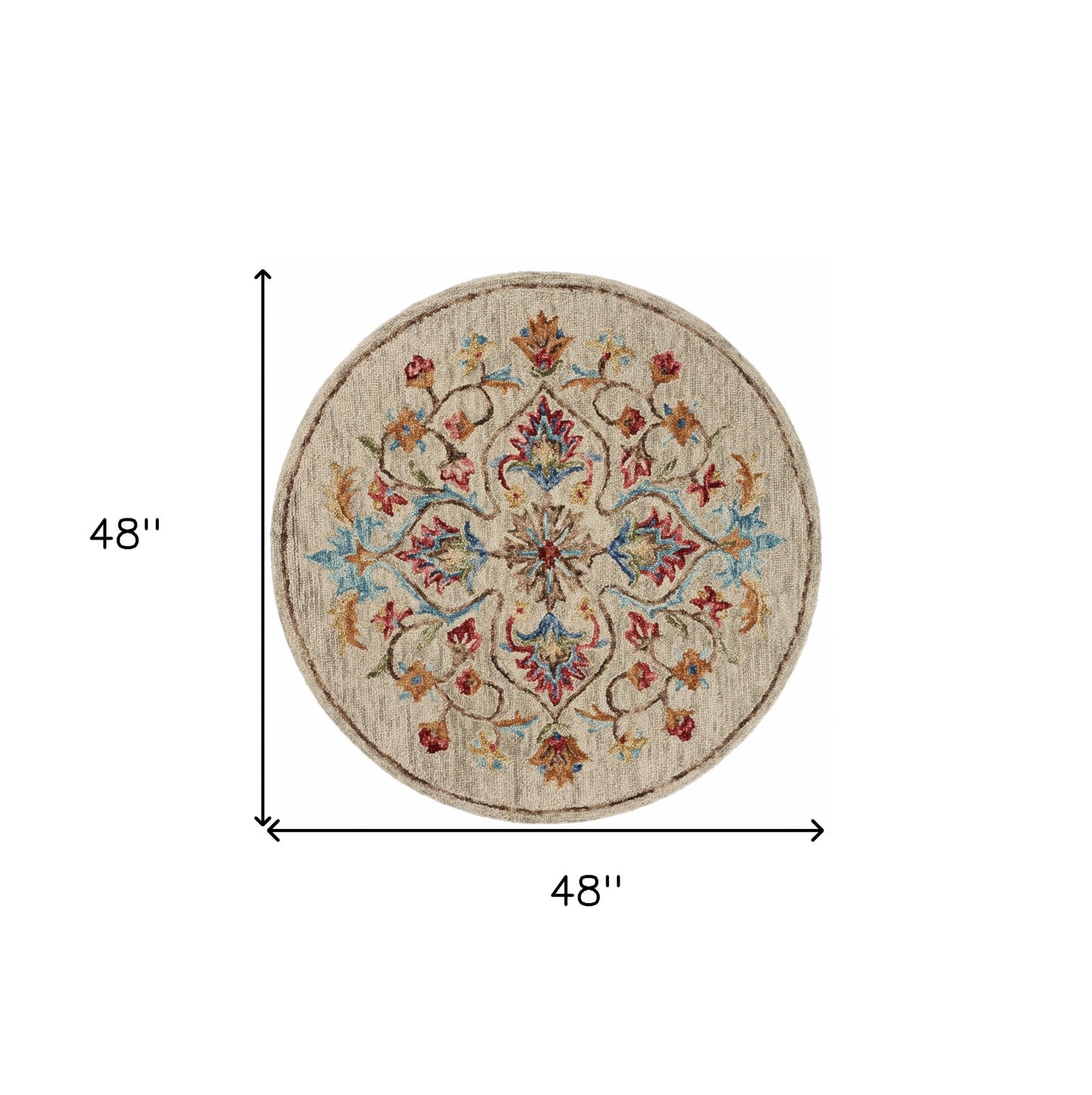 4' Round Beige Floral Medallion Area Rug