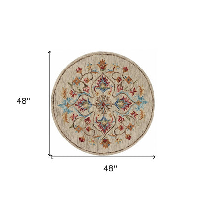 4' Round Beige Floral Medallion Area Rug