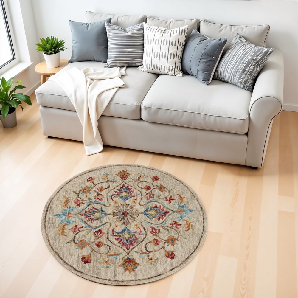 4' Round Beige Floral Medallion Area Rug