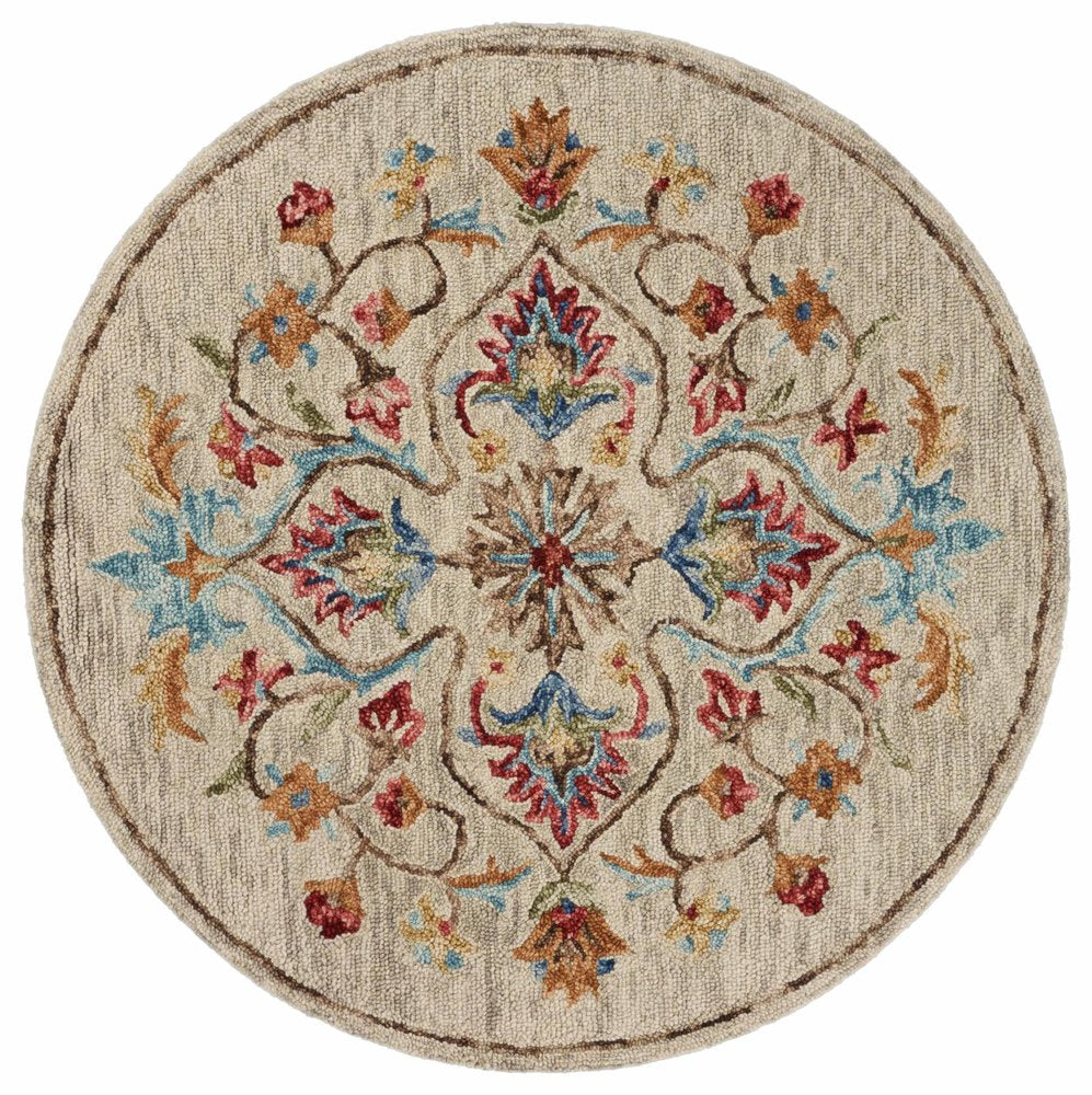 4' Round Beige Floral Medallion Area Rug