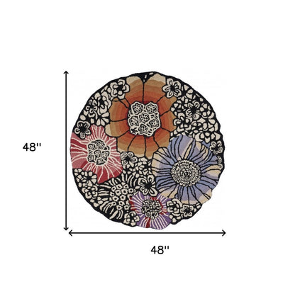 4' Round Red and Black Floral Area Rug