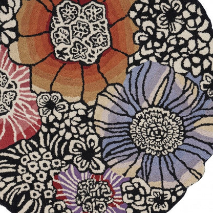 6' Round Red and Black Floral Blossom Area Rug