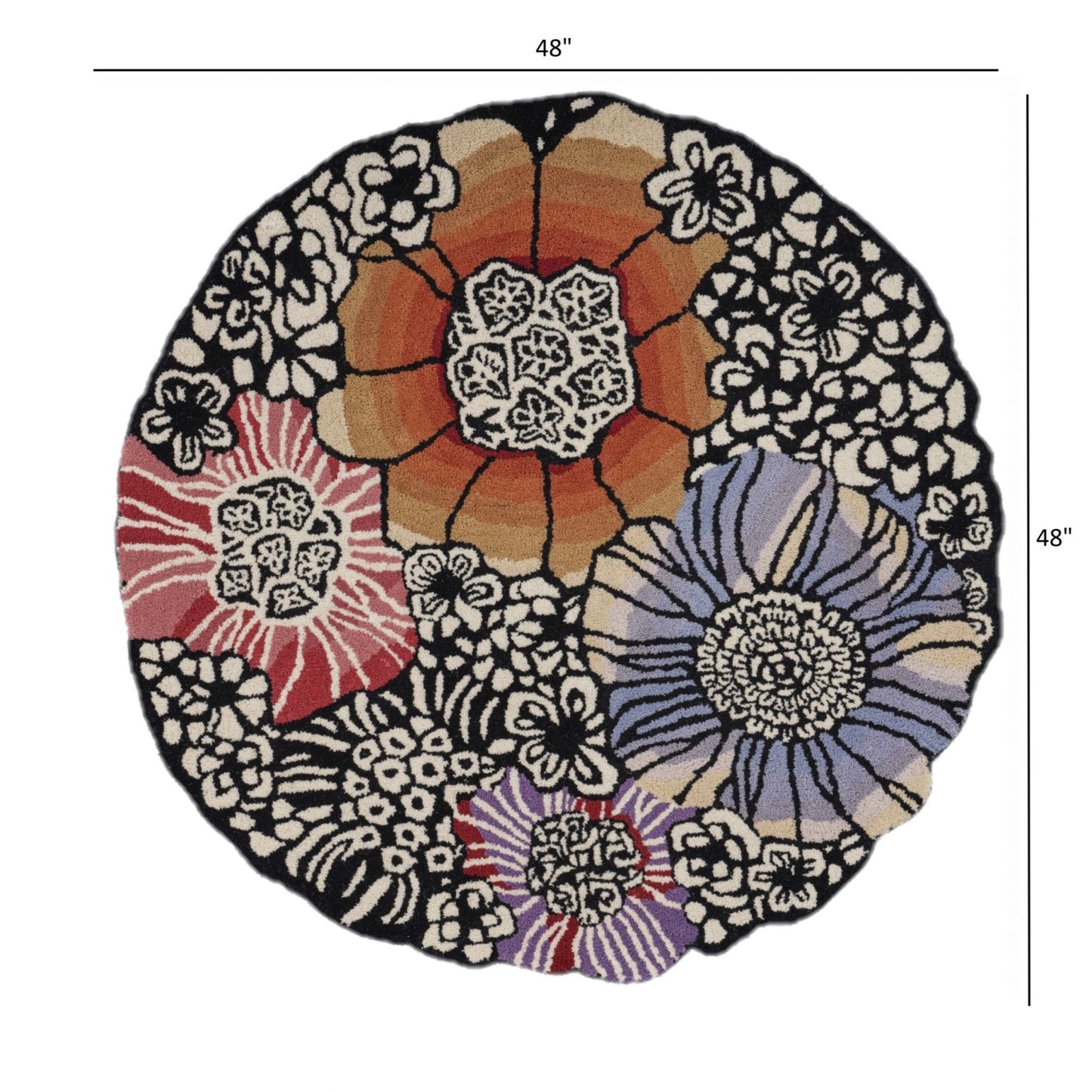 4' Round Red and Black Floral Area Rug