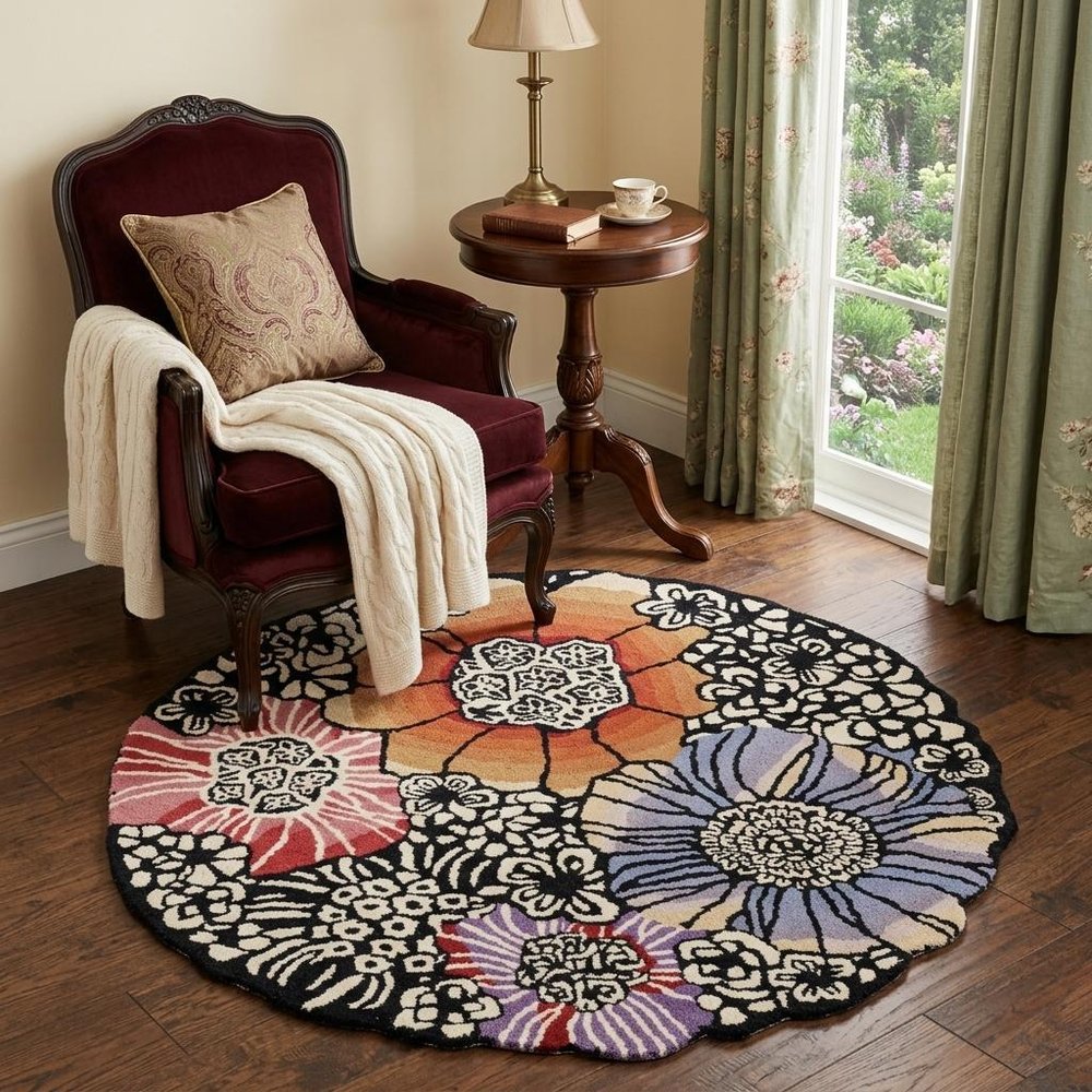 4' Round Red and Black Floral Area Rug