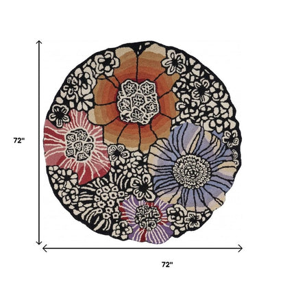 4' Round Red and Black Floral Area Rug