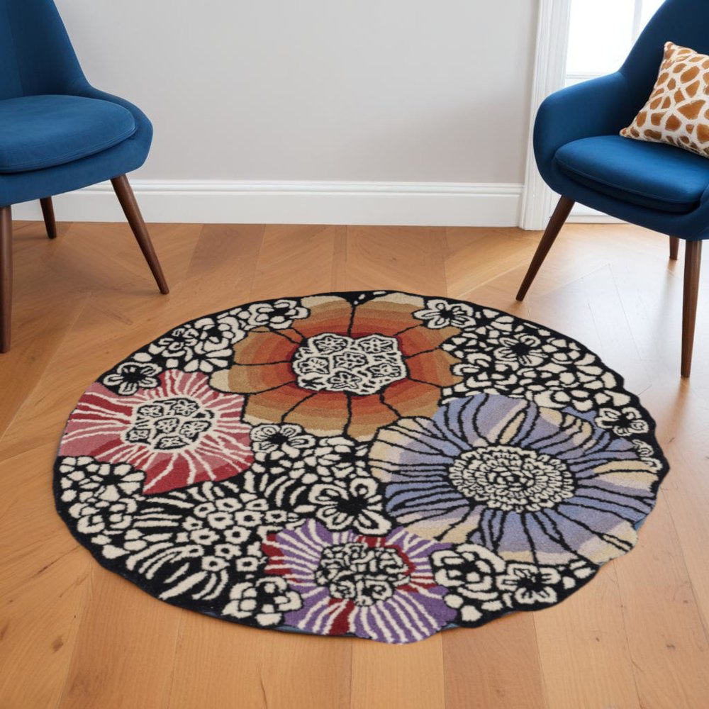 4' Round Red and Black Floral Area Rug