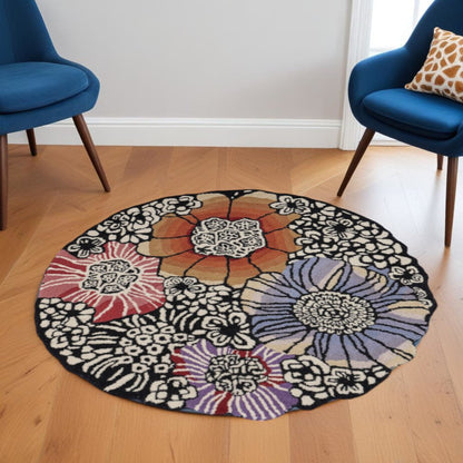 4' Round Red and Black Floral Area Rug