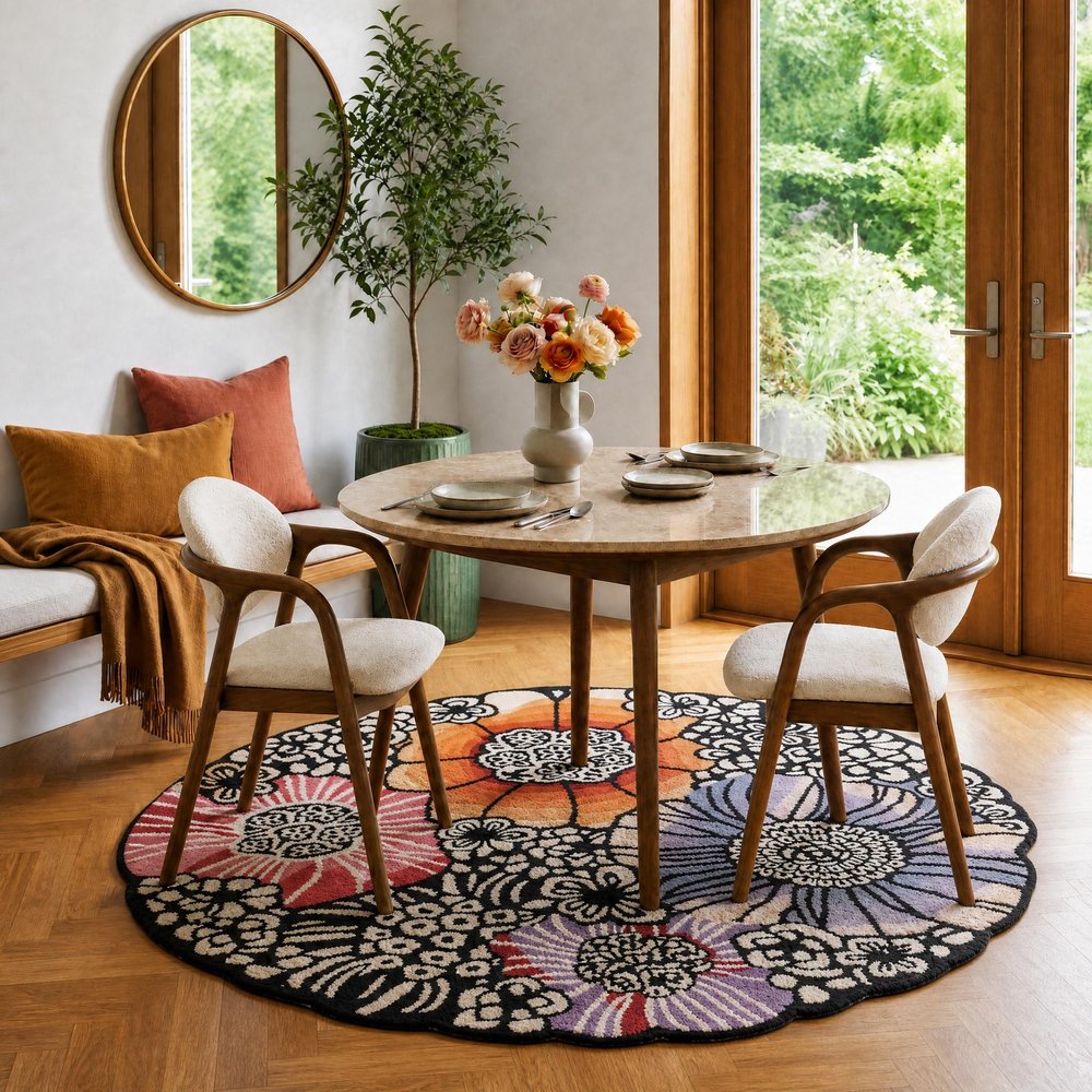 4' Round Red and Black Floral Area Rug