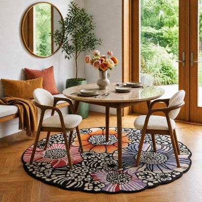 4' Round Red and Black Floral Area Rug