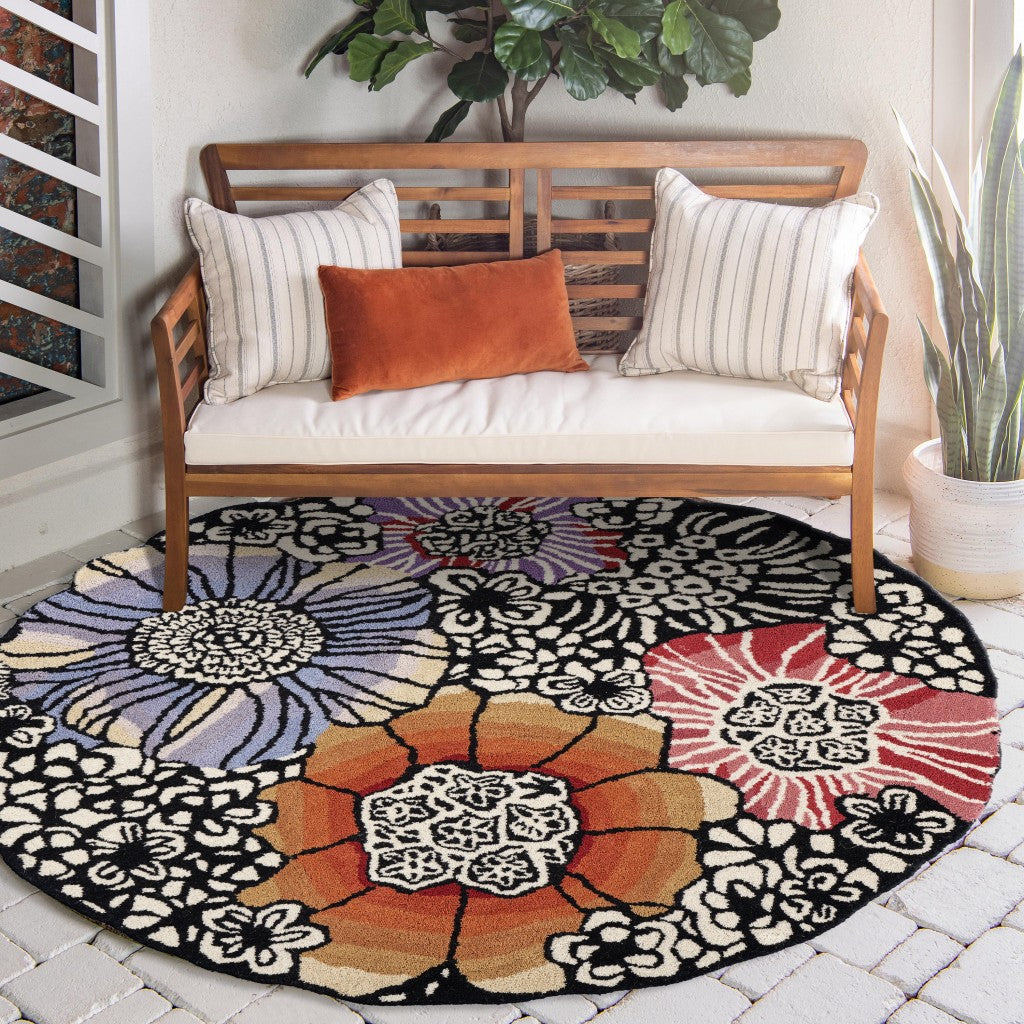 4' Round Red and Black Floral Area Rug