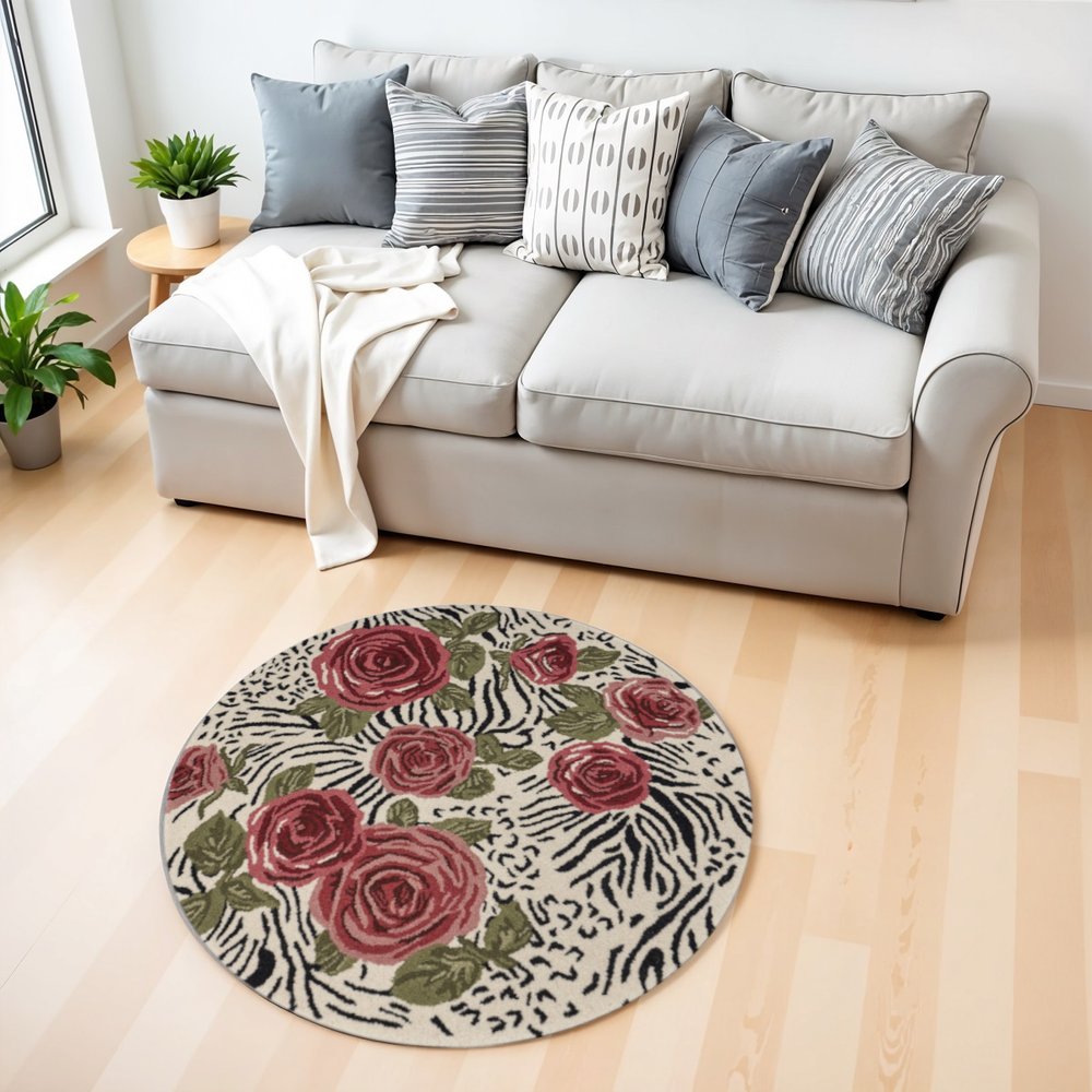 4' Round Red Rose Bed Area Rug