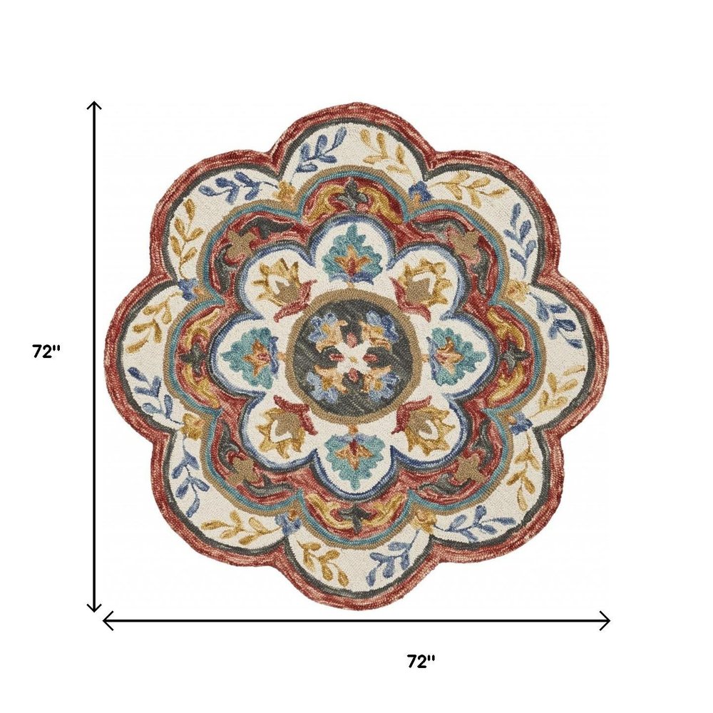 6' Red Wool Hand Hooked Round Rug