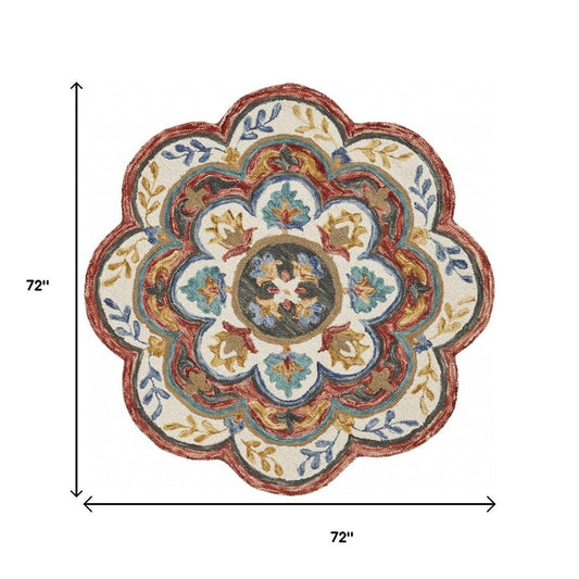 6' Red Wool Hand Hooked Round Rug