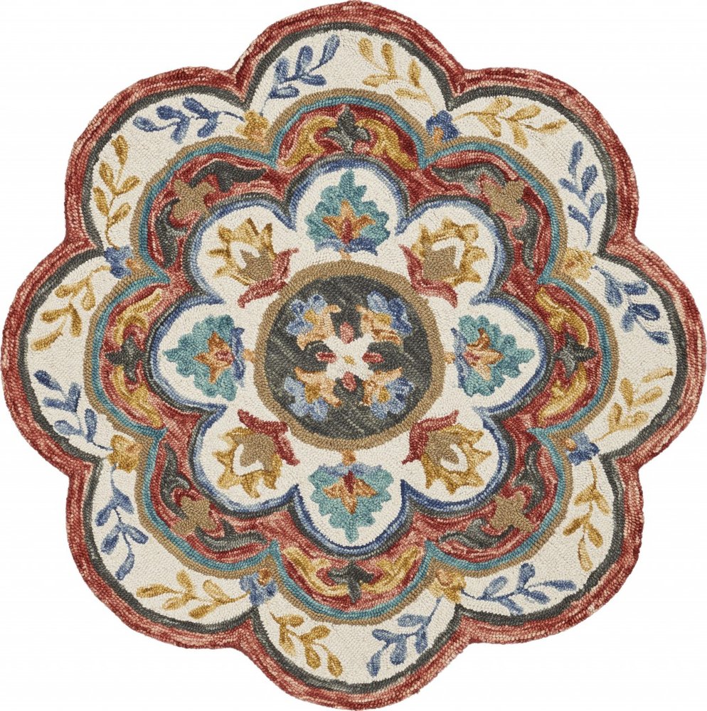 6' Red Wool Hand Hooked Round Rug