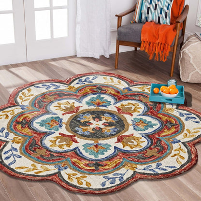 6' Red Round Wool Hand Hooked Handmade Area Rug