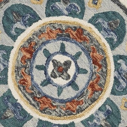 4' Green And Ivory Wool Hand Hooked Round Rug