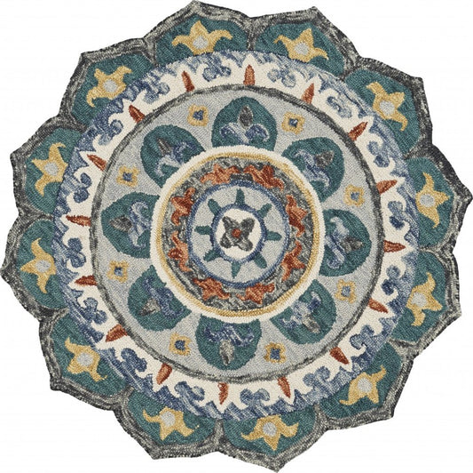 4' Green And Ivory Wool Hand Hooked Round Rug