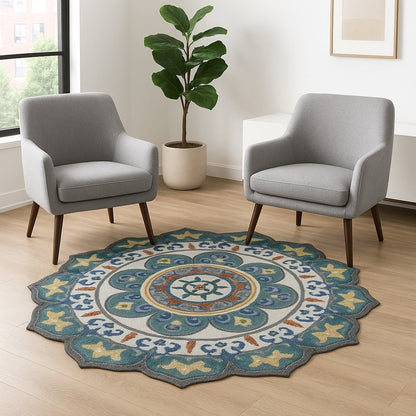 4' Green And Ivory Wool Hand Hooked Round Rug