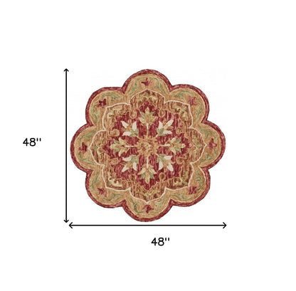 4' Red Wool Hand Hooked Round Rug