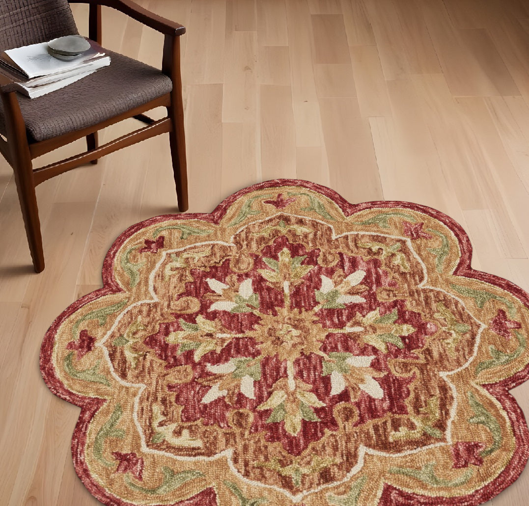 6' Round Rustic Red Scalloped Edge Area Rug