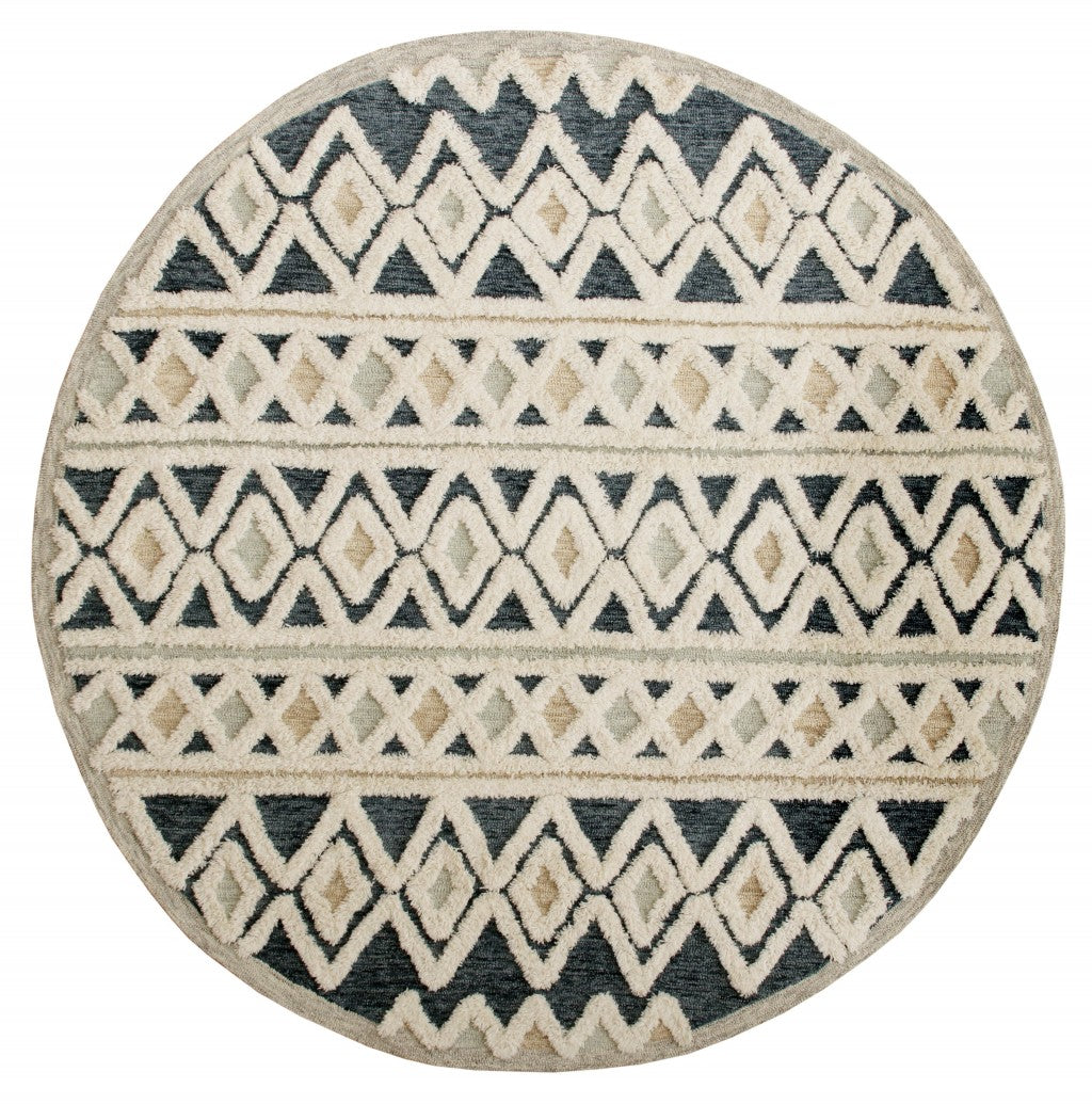 6' Round Blue and Cream Striped Diamonds Area Rug