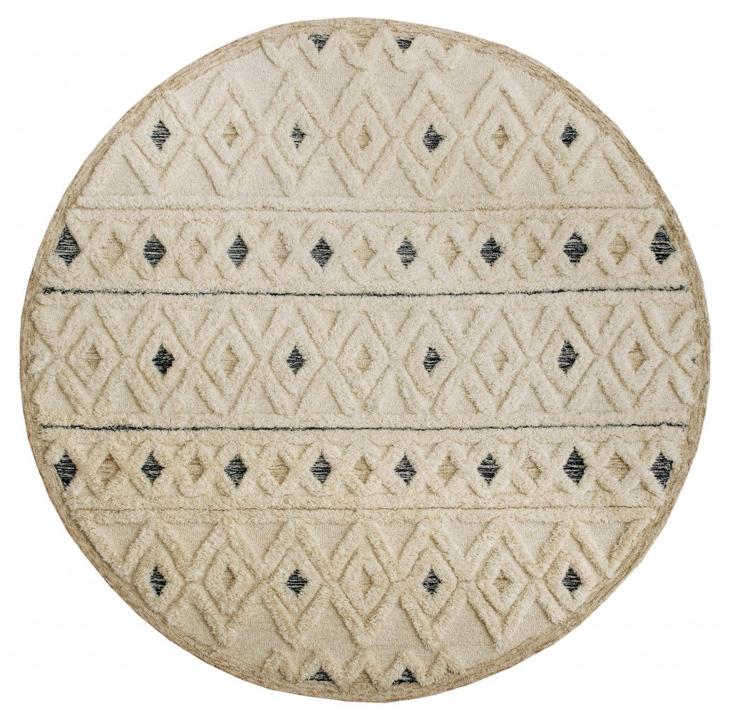 4' Round Cream and Blue Stripe Diamond Area Rug