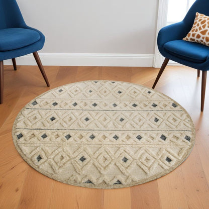 4' Round Cream and Blue Stripe Diamond Area Rug