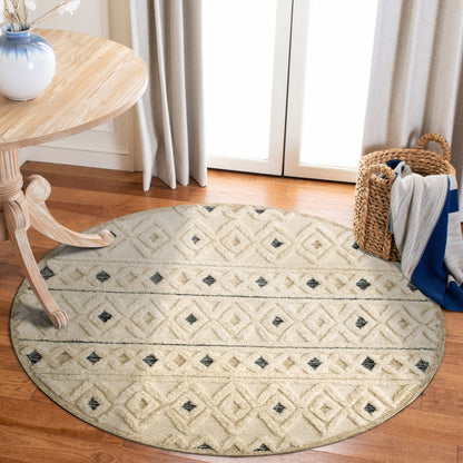 4' Round Cream and Blue Stripe Diamond Area Rug