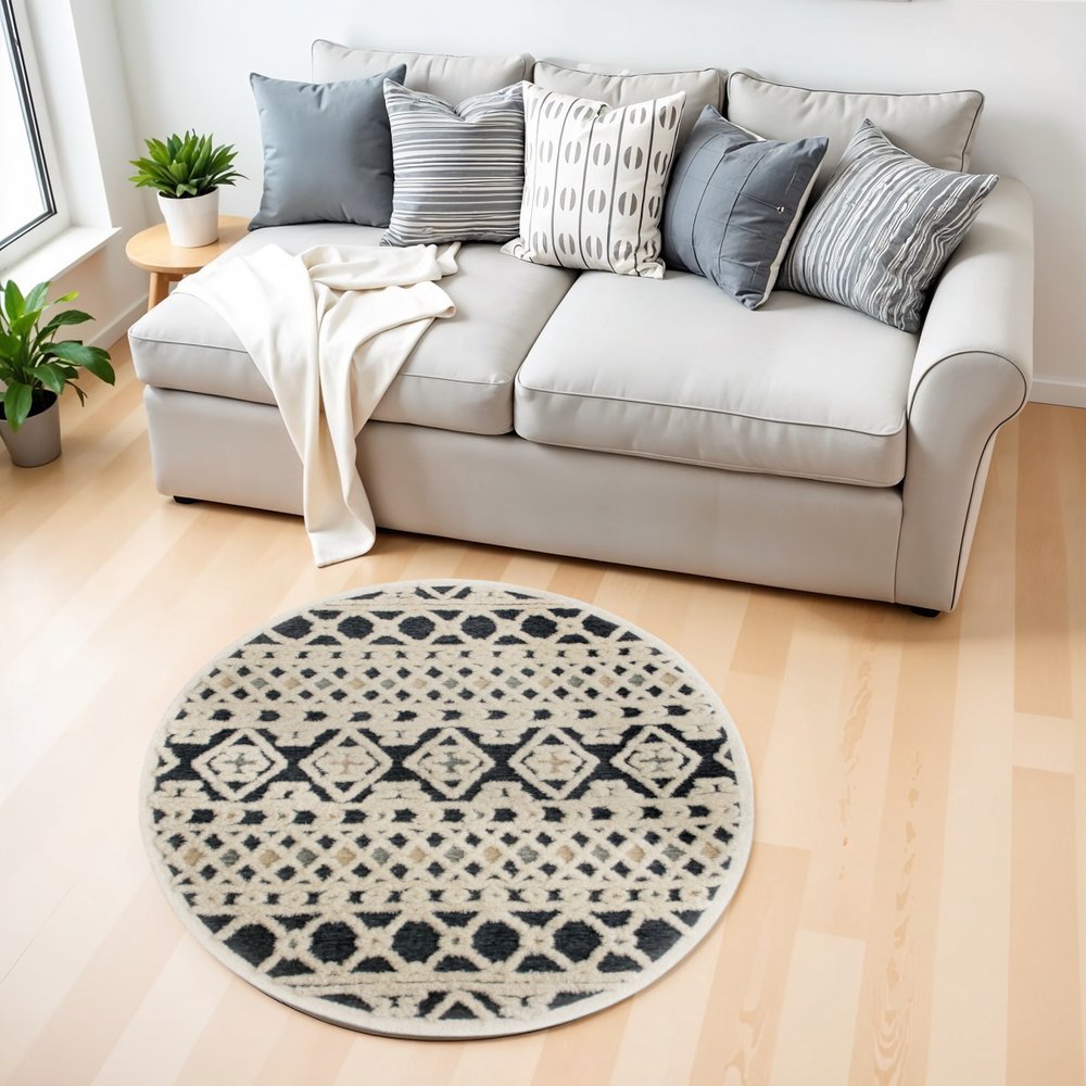 6' Blue And Ivory Wool Hand Tufted Round Rug