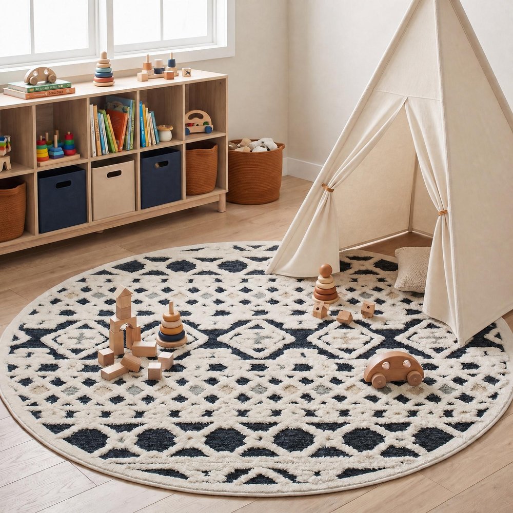 4' Round Blue and Cream Decorative Area Rug