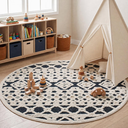 4' Round Blue and Cream Decorative Area Rug