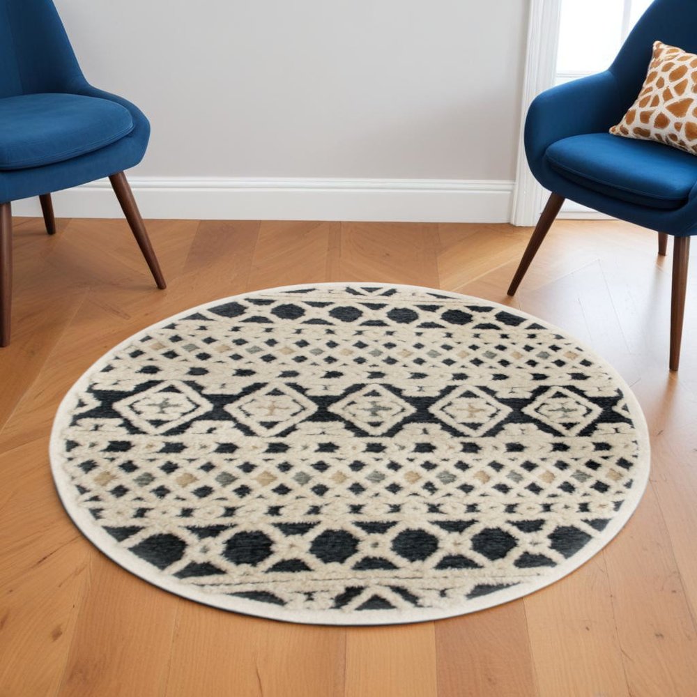 4' Round Blue and Cream Decorative Area Rug
