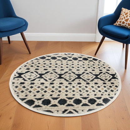4' Round Blue and Cream Decorative Area Rug