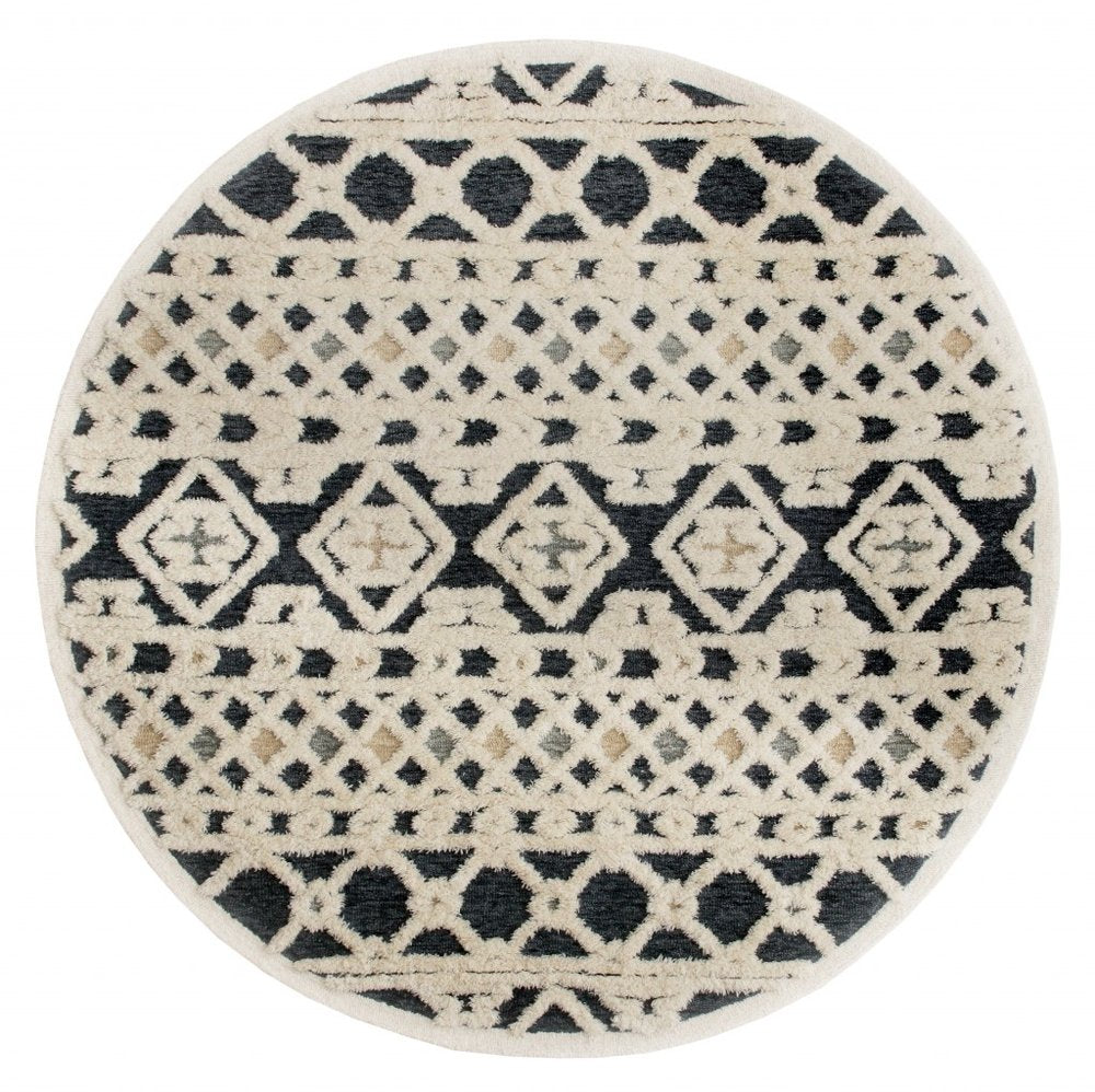 6' Blue And Ivory Wool Hand Tufted Round Rug