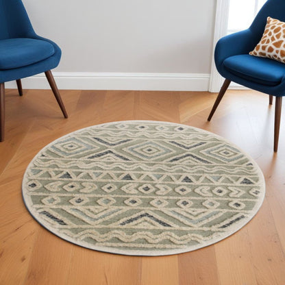 4' Round Cream Modern Geometric Area Rug
