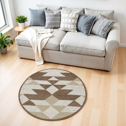 4' Round Brown Bohemian Geometric Area Rug
