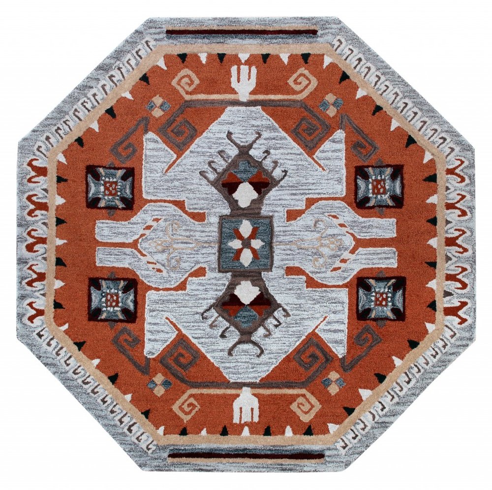6' Blue And Red Wool Hand Tufted Octagon Rug