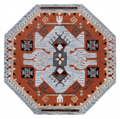6' Blue And Red Wool Hand Tufted Octagon Rug