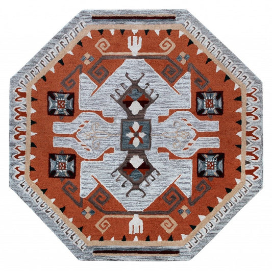 6' Blue And Red Wool Hand Tufted Octagon Rug