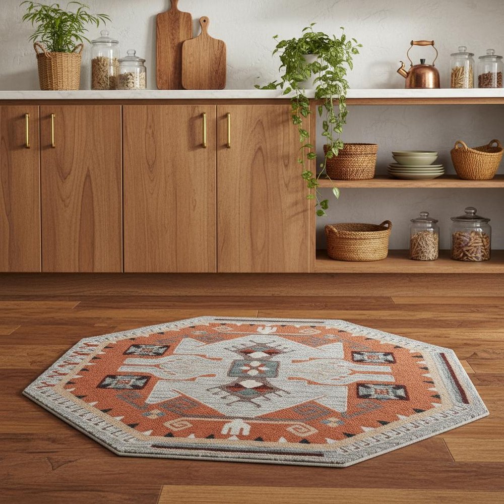 6' Blue And Red Wool Hand Tufted Octagon Rug